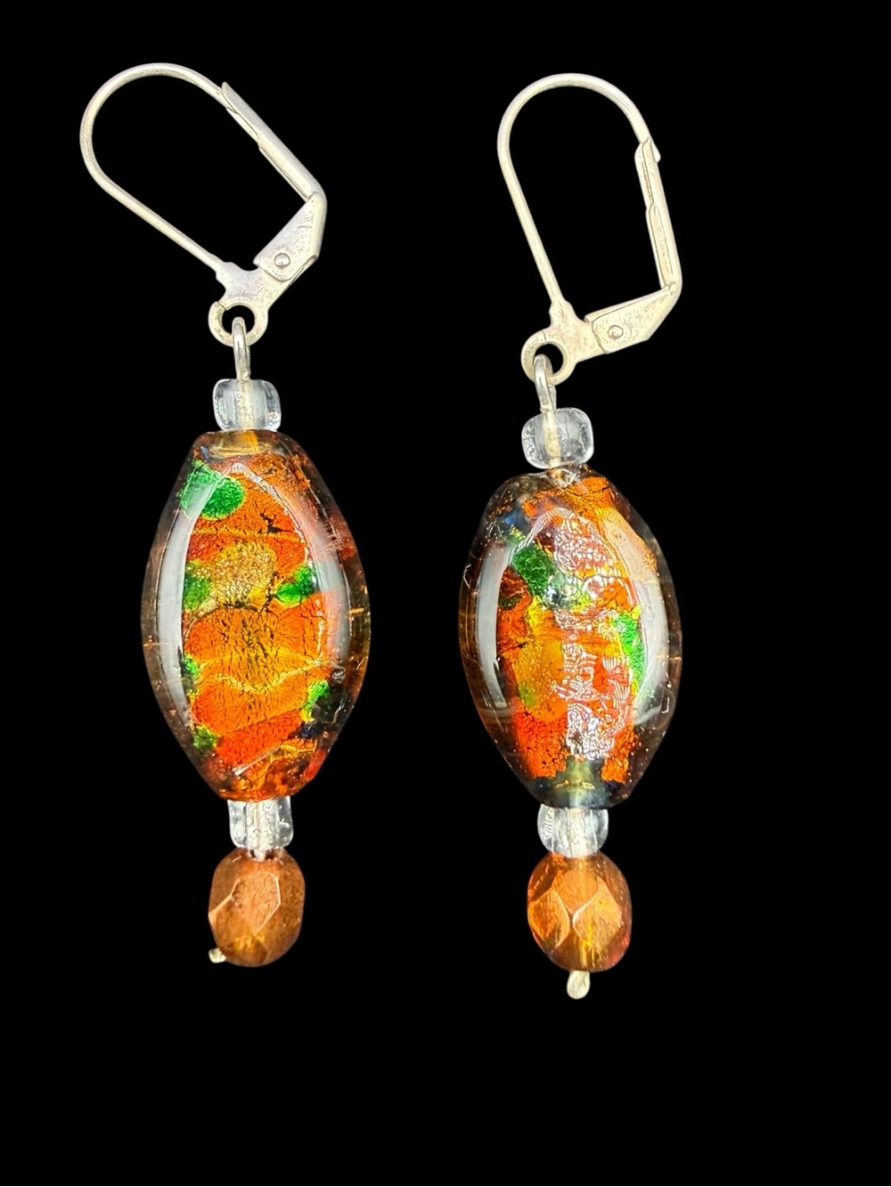 Artisan Glass Drop Earrings in Amber and Green Lampwork Boho